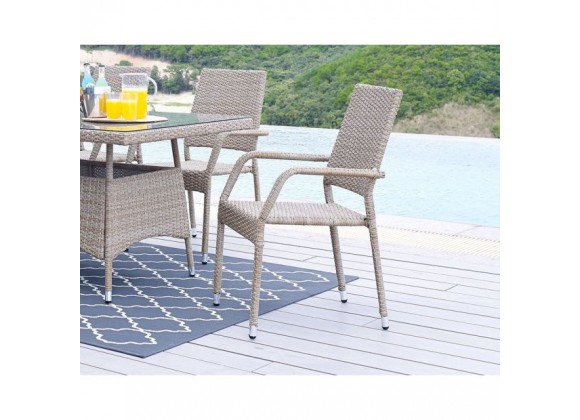 Manhattan Comfort Genoa 7-Piece Steel Rectangle Glass Top Outdoor Dining Table and 6 Armchairs without cushions in Nature Tan Weave