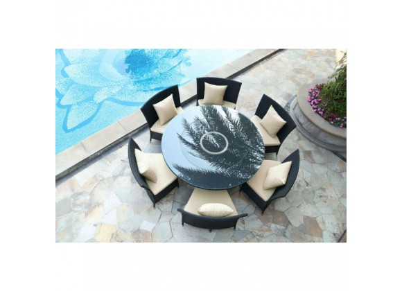 Manhattan Comfort Nightingdale Black 7-Piece Rattan Outdoor Dining Set with Cream and White Cushions