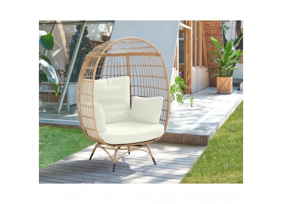 Manhattan Comfort Spezia Freestanding Steel and Rattan Outdoor Egg Chair with Cushions in Cream