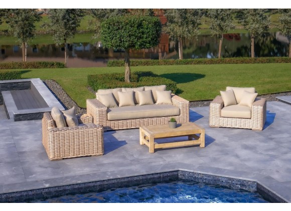 Outsy Anna Lux 4-Piece Outdoor Extra Deep Seating Wicker Aluminum Frame Furniture Set with Wood Coffee Table in White and Grey - Lifestyle