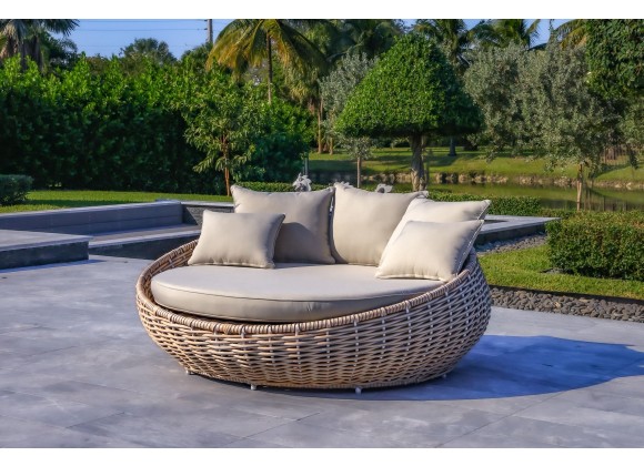 Outsy Anna 67 Inch Outdoor Wicker Aluminum Frame Round Sun Lounger in White and Grey - Lifestyle 