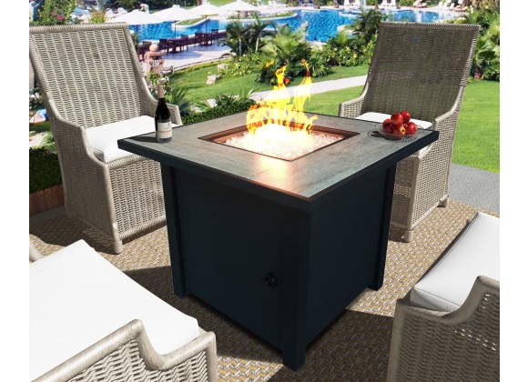 Crawford and Burke Melozi Black Metal and Tile Square Fire Pit with Glass Rocks, Lifestyle