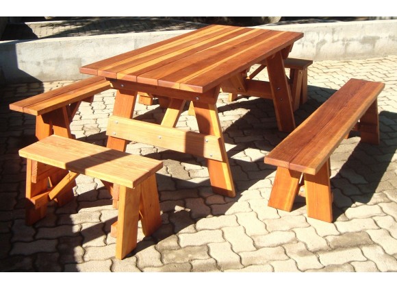 Redwood picnic table with detached benches shop