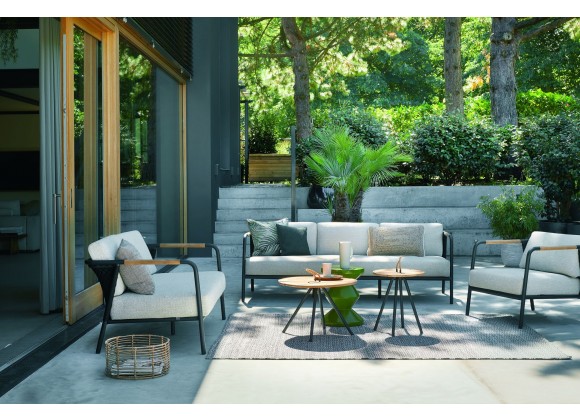 Alfresco Home Elle Belt Deep Seating 79" Sofa w/ Teak Arm Rests | Cushions Inclusive - Lifestyle