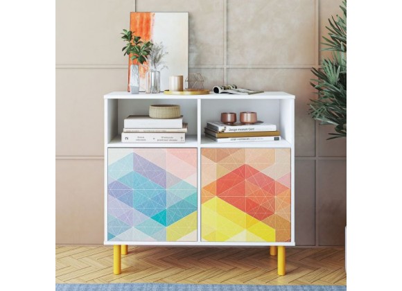 Manhattan Comfort Mid-Century Modern Retro Sideboard with 6 Shelves in White and Multi Color Red, Yellow, Blue Print 
