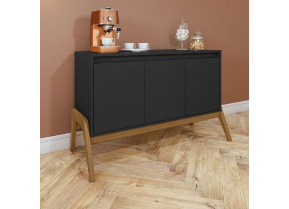 Manhattan Comfort Mid-Century Modern Gales 48.50 Sideboard with Solid Wood Legs In Matte Black Room