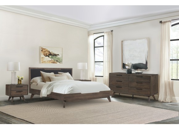 Armen Living Astoria 4 Piece King Bedroom Set in Oak with Black Faux Leather