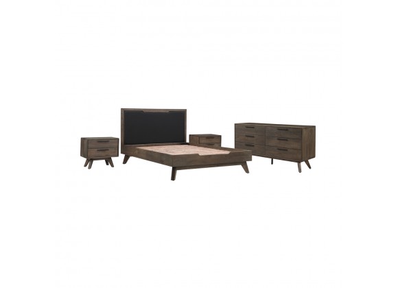 Armen Living Astoria 4 Piece Queen Bedroom Set in Oak with Black Faux Leather
