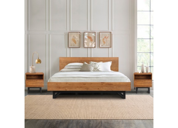 Armen Living Aldo Queen Size 3 Piece Platform Bed Frame Bedroom Set in Brown Oak Wood and Black Metal