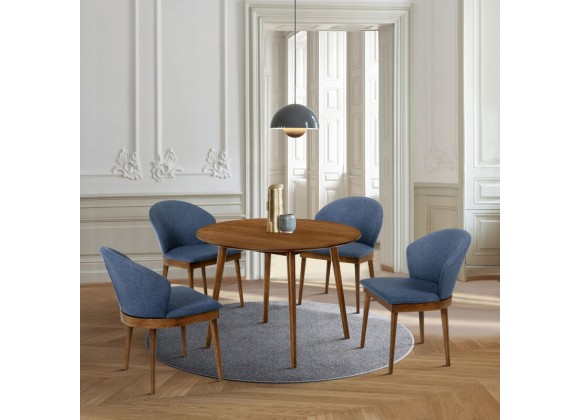 Armen Living Arcadia and Juno Round and Walnut Wood 5 Piece Dining Set- Blue Chair