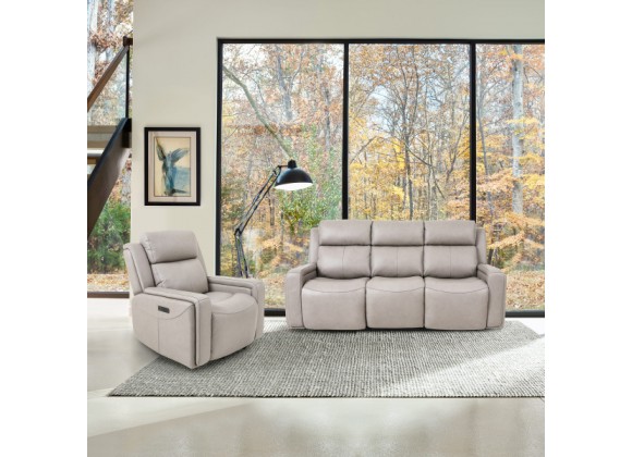 Armen Living Claude Dual Power Headrest and Lumbar Support Reclining 2 Piece Sofa And Recliner Set In Light Grey Genuine Leather