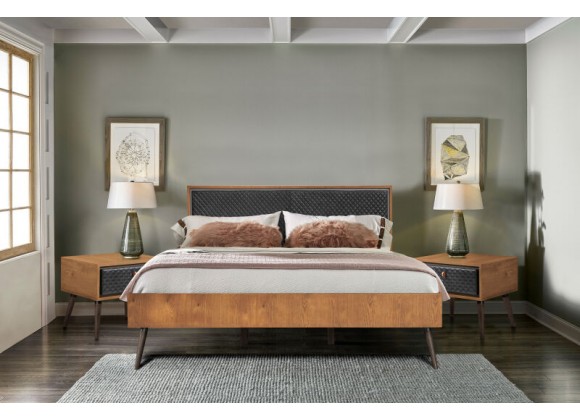Armen Living Coco Rustic 3 Piece Upholstered Platform Bedroom set in Queen with 2 Nightstands