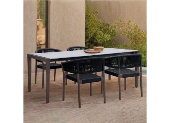 Armen Living Fineline And Doris Indoor Outdoor 5 Piece Dining Set In Dark Eucalyptus Wood With Superstone And Black Rope In Dark Brown