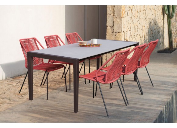 Armen Living Fineline And Clip Indoor Outdoor 7 Piece Dining Set In Dark Eucalyptus Wood With Superstone And Rope In Gray