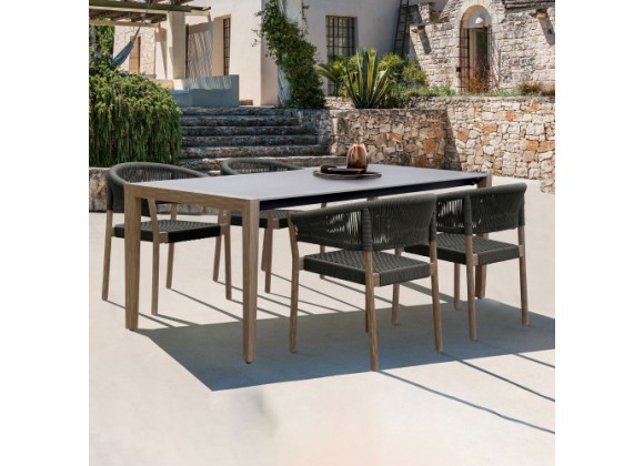 Armen Living Fineline And Doris Indoor Outdoor 5 Piece Dining Set In Light Eucalyptus Wood With Superstone With Charcoal Rope In Brown