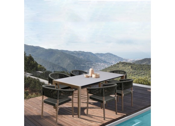 Armen Living Fineline And Doris Indoor Outdoor 7 Piece Dining Set In Light Eucalyptus Wood With Superstone With Charcoal Rope