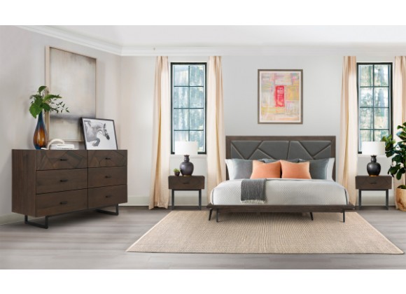 Armen Living Marquis 4 Piece Queen Size Platform Bed Frame Bedroom Set in Oak Wood With Faux Leather Headboard 