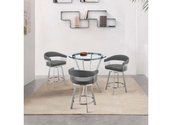 Armen Living Naomi and Chelsea 4-Piece Counter Height Dining Set in Brushed Stainless Steel and Grey Faux Leather in Gray 