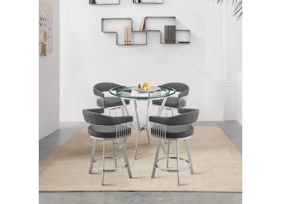 Armen Living Naomi and Chelsea 5-Piece Counter Height Dining Set in Brushed Stainless Steel and Grey Faux Leather Set