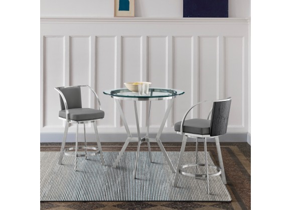 Armen Living Naomi and Livingston 3-Piece Counter Height Dining Set in Brushed Stainless Steel and Grey Faux Leather