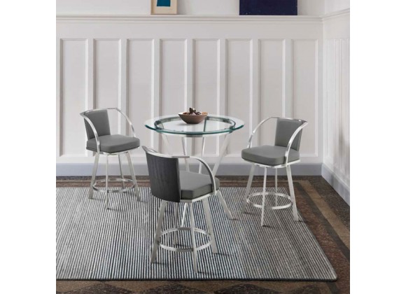 Armen Living Naomi and Livingston 4-Piece Counter Height Dining Set in Brushed Stainless Steel and Grey Faux Leather