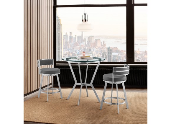Armen Living Naomi & Roman Counter Height Dining Set in Brushed Stainless Steel and Grey Faux Leather