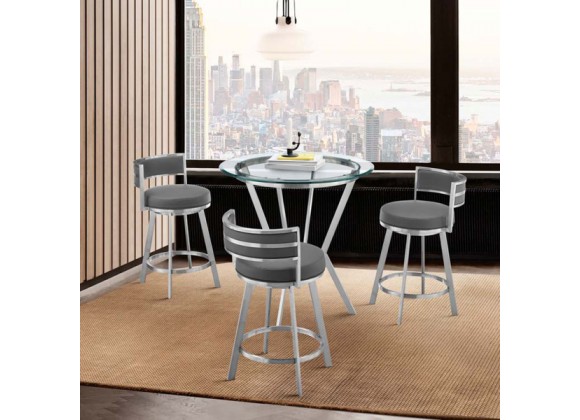 Armen Living Naomi and Roman 4-Piece Counter Height Dining Set in Brushed Stainless Steel and Grey Faux Leather