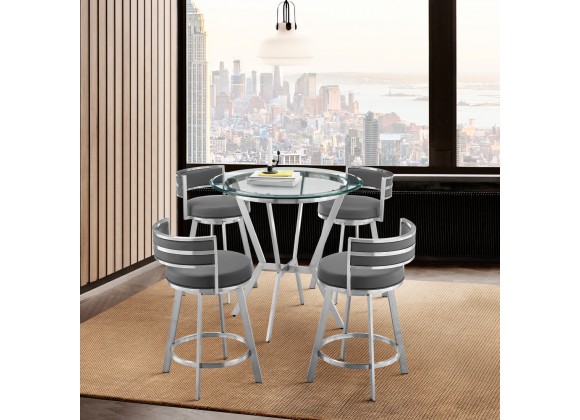 Armen Living Naomi and Roman 5-Piece Counter Height Dining Set in Brushed Stainless Steel and Grey Faux Leather