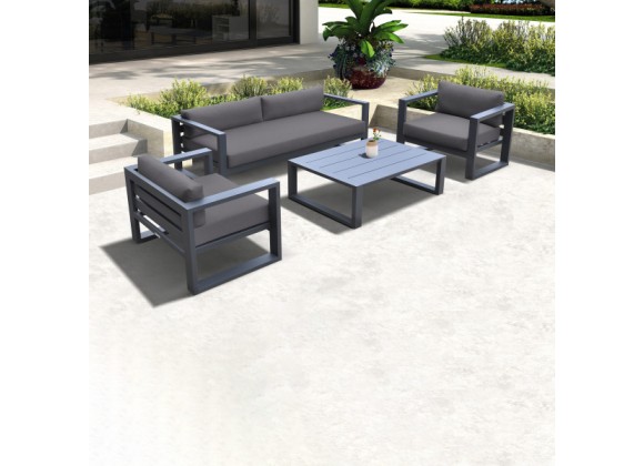 Armen Living Aelani Outdoor 4 piece Set in Dark Grey Finish and Charcoal Cushions