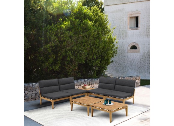 Armen Living Arno Outdoor 7 Piece Teak Wood Seating Set in Charcoal Olefin
