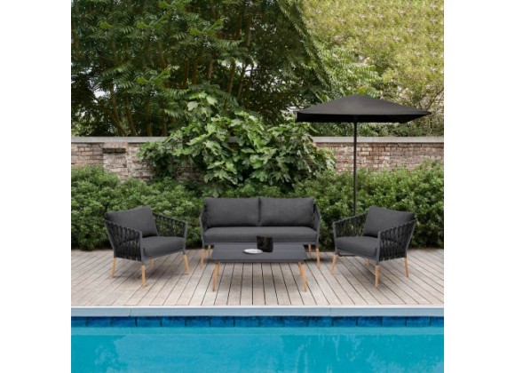 Armen Living Ipanema Outdoor 4 Piece Rope and Teak Sofa Seating Set with Dark Grey Olefin in Dark Gray | Fiber