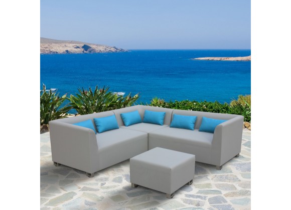 Lagoon 4 piece Outdoor Textilene Sectional Set in Taupe with Sky Blue Accent Pillows