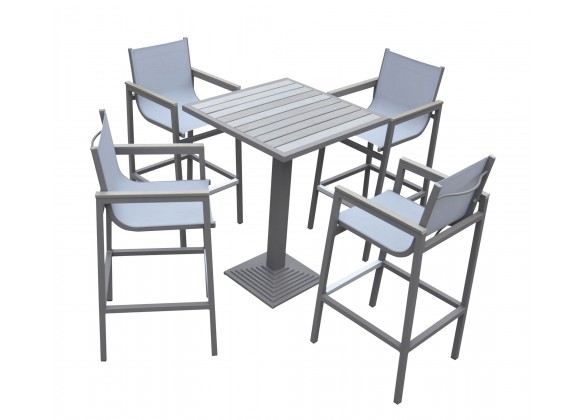 Marina Outdoor Patio Set Grey Finish and Grey Wood Top (Table with 4 barstools) - White BG