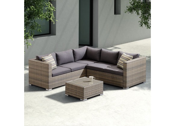 Nina 3 piece Outdoor Rattan Sectional Set with Dark Brown Cushions and Modern Accent Pillows