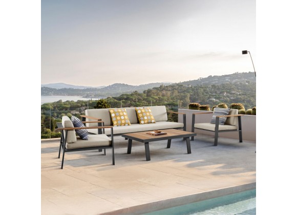 Armen Living Nofi 4 piece Outdoor Patio Set In Charcoal/Gray Finish With Taupe/Gray Cushions And Teak Wood