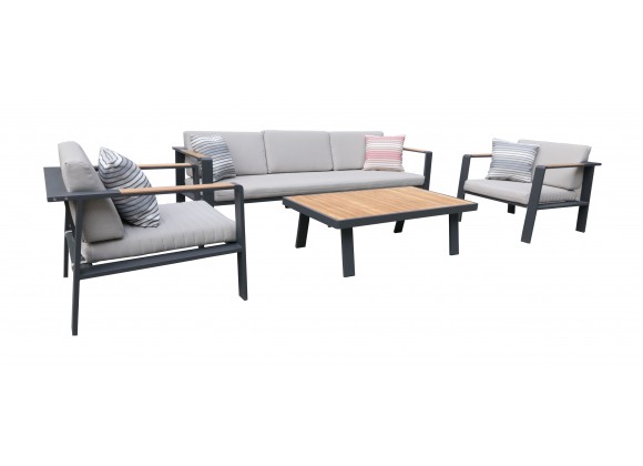 Nofi 4 piece Outdoor Patio Set in Charcoal Finish with Taupe Cushions and Teak Wood 