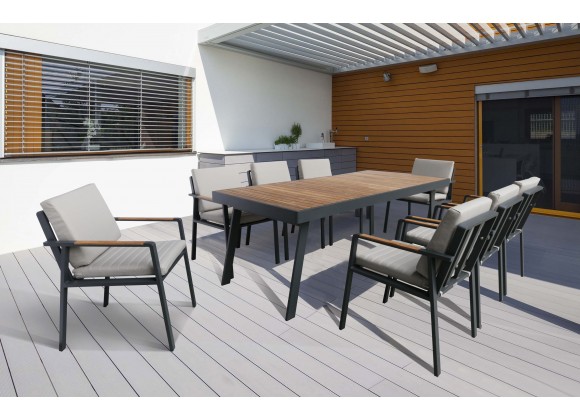 Nofi Outdoor Patio Dining Table in Charcoal Finish with Taupe Cushions - Lifestyle