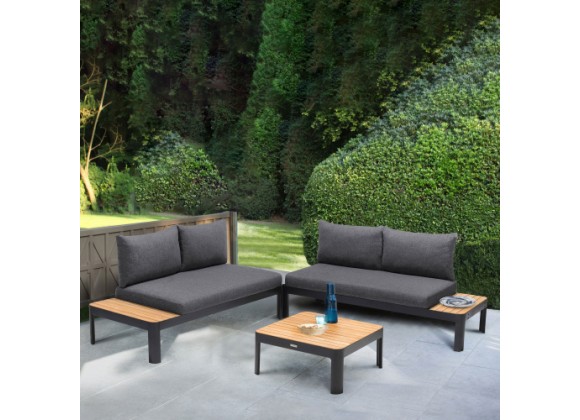 Armen Living Portals Outdoor 3 Piece Sofa Set in Black Finish with Natural Teak Wood Top Accent