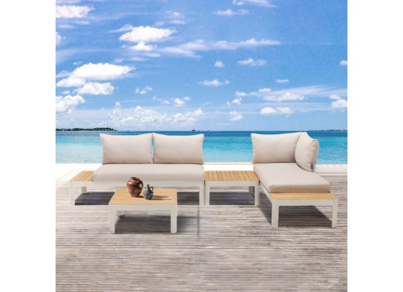 Armen Living Portals Outdoor 4 Piece Sofa set in Matte Sand Finish with Natural Teak Wood