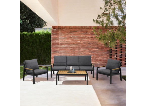 Armen Living Panama Outdoor 4 Piece Black Aluminum Sofa Seating Set With Dark Grey Olefin In Dark Gray | Fiber 