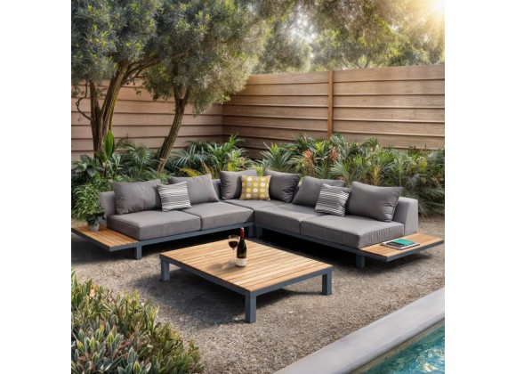 Armen Living Polo 4 piece Outdoor Sectional Set with Dark Gray Cushions and Modern Accent Pillows - Lifestyle 2
