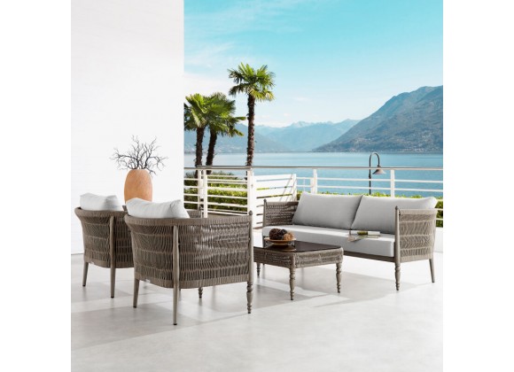 Armen Living Safari 4 Piece Outdoor Aluminum and Rope Seating Set with Grey Cushions