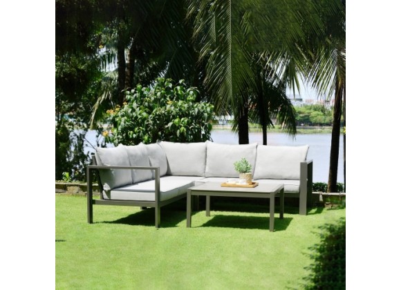Armen Living Solana Outdoor Sectional Set in Cosmos Finish with Grey Cushions and Coffee Table
