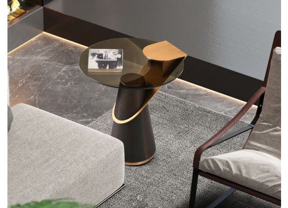 Whiteline Modern Living Zaria Side Table In Glass Top And Rose Gold Stainless-Steel Connection - Lifestyle Close-up