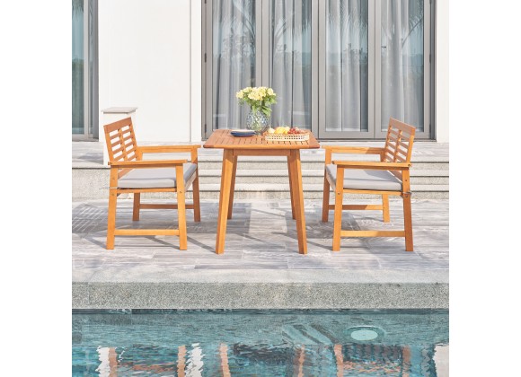 Vifah Waimea Honey 3-Piece Slatted Eucalyptus Wood Patio Dining Set with Bench and Cushion, Front Angle