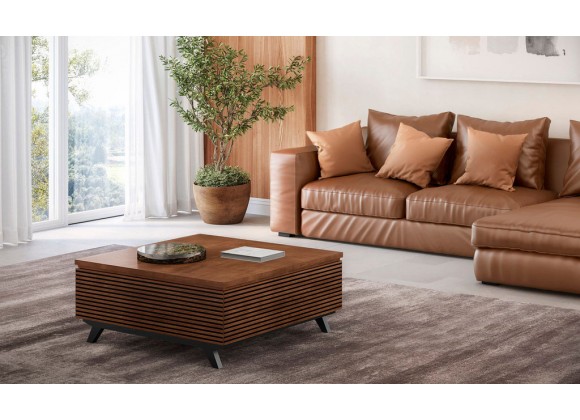 Furnitech 48” Mid-Century Modern Coffee Table in a Cognac Finish over Brazilian Cherry Wood Veneers and Solid Black Cherry Wood Legs - Lifestyle