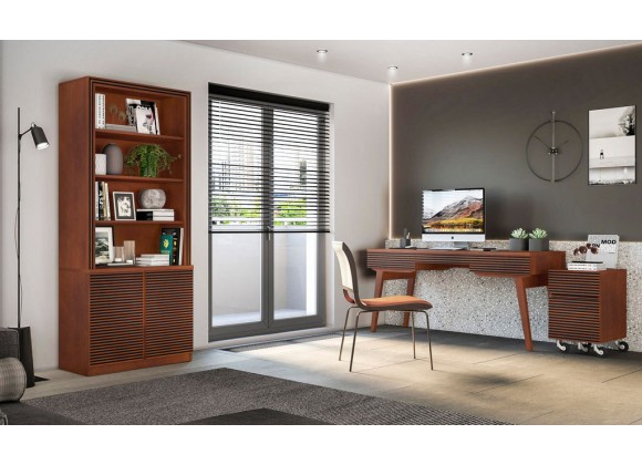 Furnitech 66" Mid - Century Modern Writing Desk with a cognac finish over Brazilian cherry veneers; solid Brazilian cherry wood legs - Lifestyle