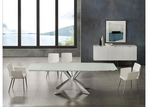 Icon Dining Table In White Glass With Polished Stainless Steel Base - Lifestyle