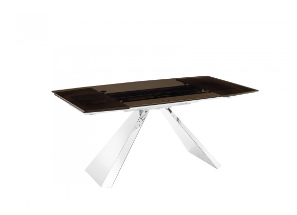 Stanza Dining Table In Smoked Glass With Polished Stainless Steel Base - Angled