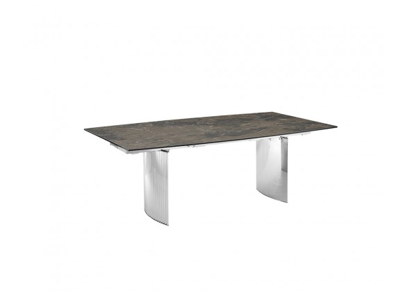 Casabianca ALLEGRIA Dining Table In Brown Marbled Porcelain Top On Glass With Polished Stainless Steel Base - Angled